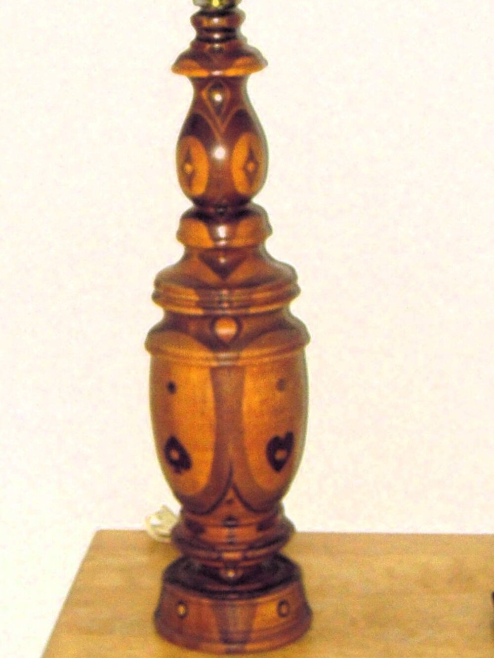 Vintage Wood Mid-Century Parquetry Hand Turned Inlaid Lamp Table Light Card Deck
